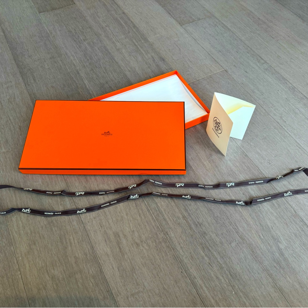 Empty Hermes Gift Box 14.5” x 1.25” with ribbon and receipt holder/card